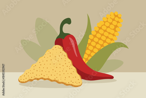 A vibrant illustration featuring a red chili pepper, an ear of yellow corn, and a pile of golden cornmeal, set against green leaves.