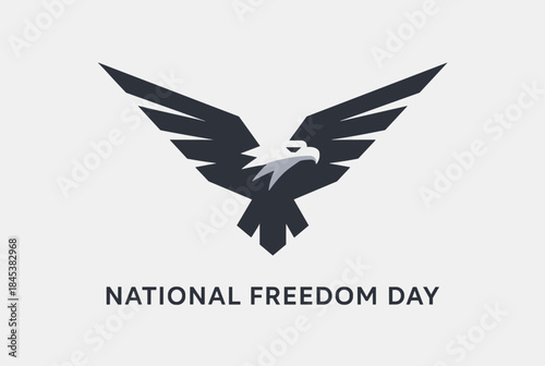 A stylized black and white eagle with spread wings flying downwards, above the text "NATIONAL FREEDOM DAY" on a light grey background.
