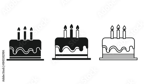 A simple black and white illustration depicts three different layered cakes with varying numbers of lit candles on top presented in a row