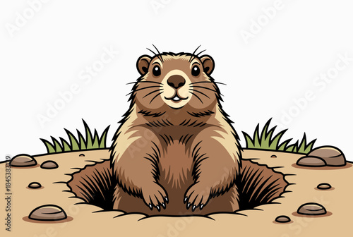 A cute cartoon groundhog peeking out of its burrow in the ground, with green grass and rocks around the hole.