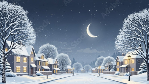 Winter night scene in a suburban neighborhood with snowcovered trees and a crescent moon in the dark blue sky