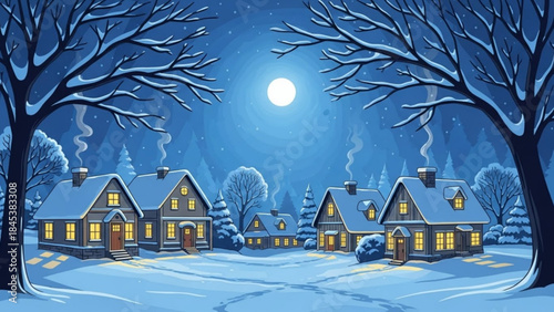 Winter Wonderland: A picturesque winter scene of a snow-covered village under a radiant full moon, evoking a sense of tranquility. The homes with lights warmly glow through windows.