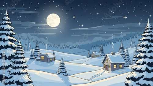 Winter night scene: A serene winter landscape unfolds, with a full moon casting its gentle glow over snow-covered hills. Cozy cottages nestled among evergreen trees.