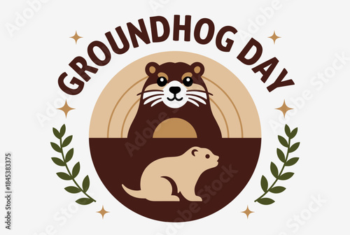Cute cartoon groundhog illustration for Groundhog Day celebration with text and stars.