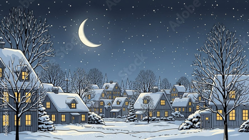 Serene Winter Village: A tranquil village, blanketed in a layer of pristine snow, illuminated by the gentle glow of interior lights and the soft radiance of the crescent moon.