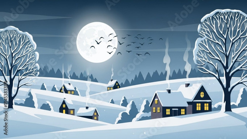 Winter Village Under Moonlight: A tranquil winter village scene, with snow-covered houses nestled amongst rolling hills under a full moon, with a serene atmosphere.
