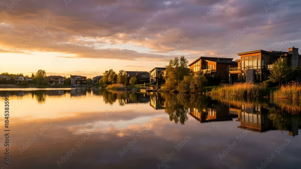 Naklejka premium Sunset Reflections on Suburban Lake