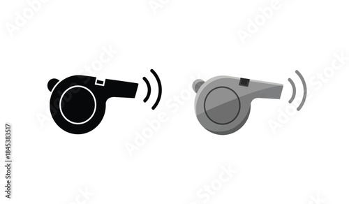 A graphic depiction showcases two distinct representations of a sports whistle one in solid black and the other in grayscale with sound waves emanating