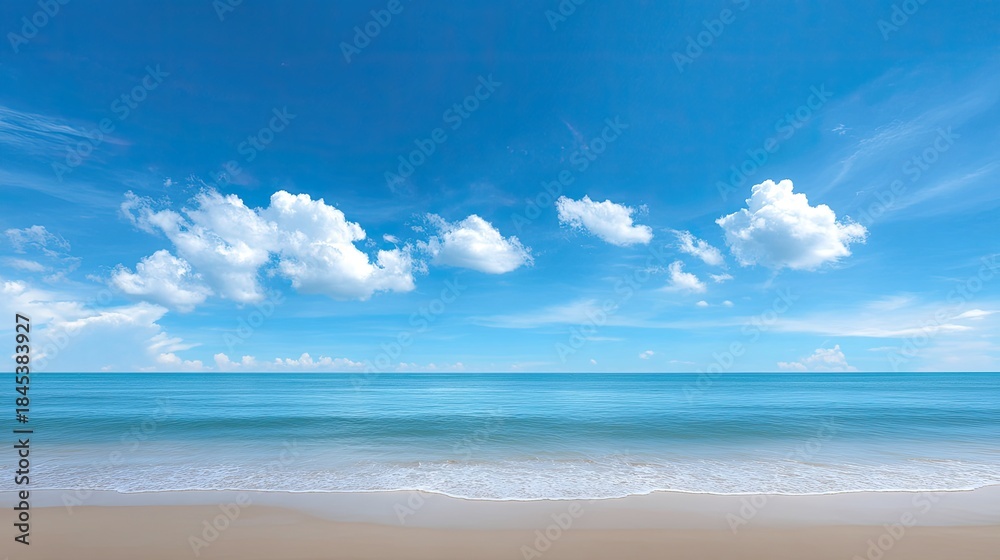 Obraz premium Serene Beach Landscape with Calm Waters and Clear Blue Sky, Beautiful Clouds Reflecting on Tranquil Ocean, Perfect for Relaxation and Travel Inspiration