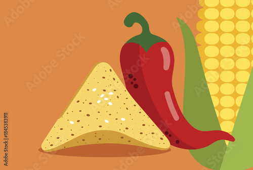 Vibrant illustration featuring a golden tortilla chip, a bright red chili pepper, and yellow corn kernels on an orange background, symbolizing Mexican cuisine.