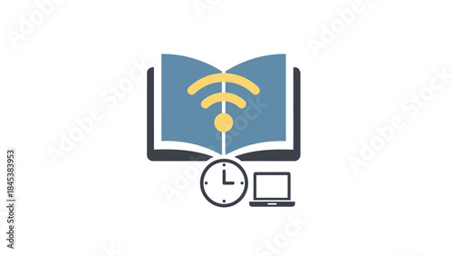 Open book with wifi symbol and clock representing online learning and education.