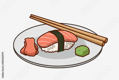 A cartoon illustration of a single salmon nigiri sushi on a white plate with chopsticks, pickled ginger, and wasabi.