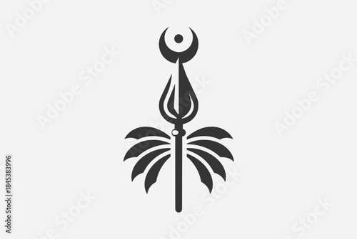 Stylized black and white emblem featuring a crescent moon, a flame-like shape, and fanned leaves on a central staff, representing a cultural or religious symbol.