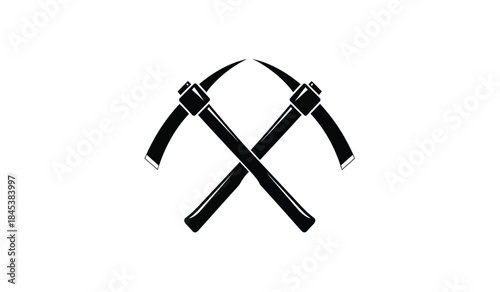 A striking black and white illustration depicts two crossed kama sickles their curved blades and handles forming a symmetrical and minimalist design
