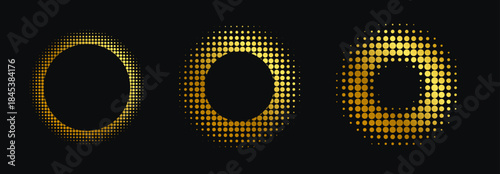 Gold Halton set design template on black background. Gold round frame. Glitter pattern circle logo. Dots emblem. Modern futuristic texture border