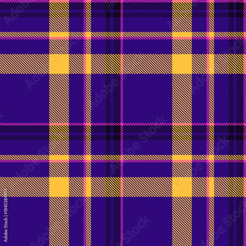 Vibrant plaid pattern featuring bold purple, yellow, and pink hues. Ideal for backgrounds, textiles, and designs needing a touch of retro yet modern geometric style.