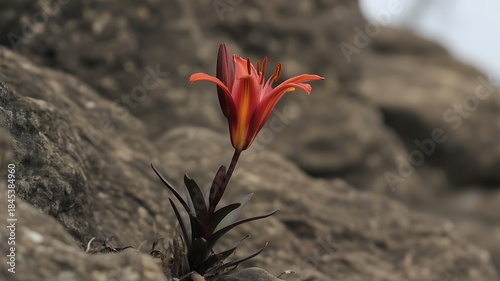 Red and Orange Lily Flower Emerging from Rocky Terrain with Softly Blurred Background yellow