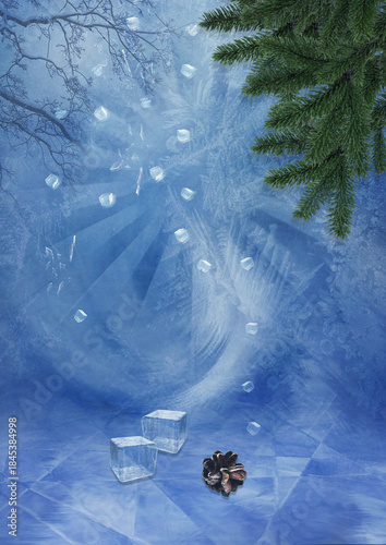 Winter background. A fir cone against a background of winter patterns and ice cubes. Digital art.