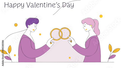 Couple exchanging rings on happy valentine's day with loving gesture and joyful expression