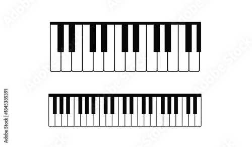 A simple depiction of two black and white keyboard layouts is shown representing musical instruments and their keys for creating melodies high quality