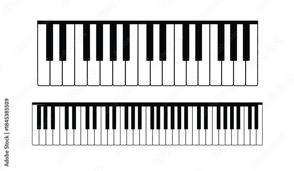 Fototapeta premium a black and white illustration depicts two sections of a piano keyboard showcasing the arrangement of white and black keys emphasizing musicality and design
