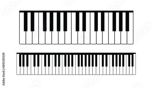 a black and white illustration depicts two sections of a piano keyboard showcasing the arrangement of white and black keys emphasizing musicality and design