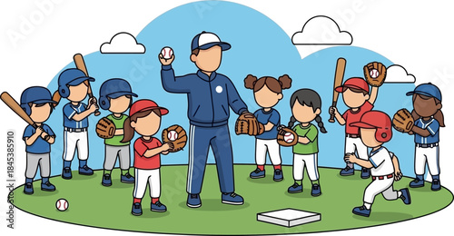 Youth Baseball Team Practicing with Coach on Field Fun Outdoor Sports Activity for Kids baseball