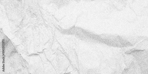 Grunge white wrinkled paper texture with noisy dust and dotted halftone overlay. Aged blank sheet pattern showing uneven creases and rough grit.