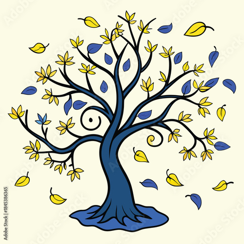 An abstract tree vector illustration featuring colorful leaves and floral branches in a seasonal nature design with artful silhouettes of birds and spring flowers