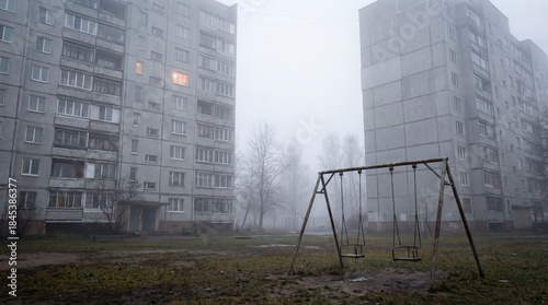 An empty playground swing in a foggy courtyard between Soviet-era panel blocks. A moody, dystopian, and melancholic urban landscape.