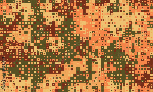 Abstract autumnal mosaic of earthy tones.  Perfect for website backgrounds, textile design, or creating a sense of warmth and fall.  The pixelated texture offers a modern, digital feel.