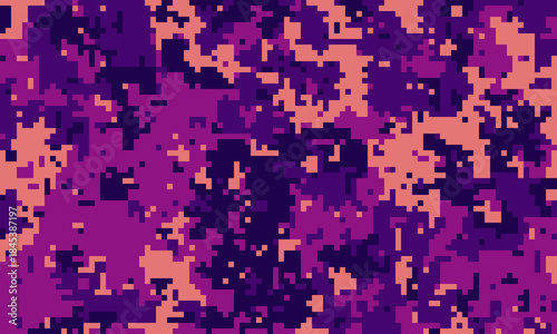 Abstract pixelated camouflage pattern in vibrant purple and coral tones.  Ideal for fashion, gaming, tech, or militaryinspired designs.  Modern, bold, and versatile digital texture.