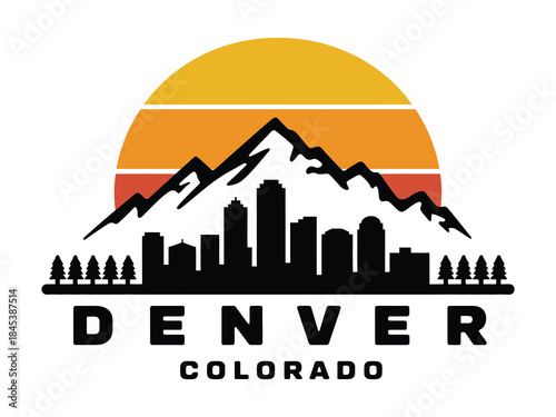 denver colorado skyline with rocky mountains and ski slopes vector illustration, featuring city buildings, mountain scenery, and winter sports landscapes, ideal for tourism graphics, travel posters, 