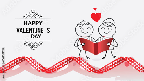 Happy valentine's day couple reading a book together showing love and affection with hearts and red ribbon