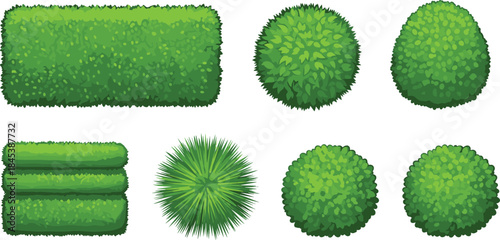 Cartoon bush and hedge collection with various green foliage shapes and textures for landscaping and garden design
