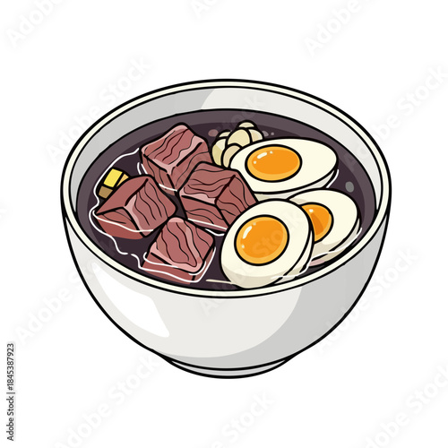 Illustrated Rawon beef soup, dark broth with beef chunks and egg, elegant clean illustration style, isolated on white background