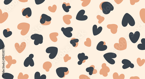 A cute and simple seamless pattern of scattered hand-drawn hearts in a warm color palette of pink and dark gray.