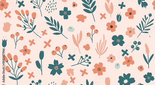 A beautiful seamless floral pattern with hand-drawn flowers, berries, and leaves in a charming pink and teal color scheme.