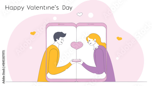 Happy couple sharing a pink phone screen with heart on valentine's day