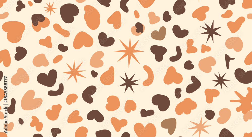 Fototapeta premium A playful seamless pattern with hand-drawn abstract shapes, hearts, and stars in a warm and cozy brown and orange palette.
