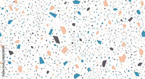 A vibrant and festive seamless terrazzo pattern with colorful abstract chips and speckles scattered on a white background design.
