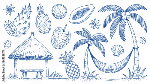 Tropical Island Scene with Palm Trees, Hammock, and Fruits