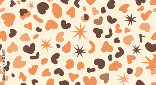 A playful seamless pattern with hand-drawn abstract shapes, hearts, and stars in a warm and cozy brown and orange palette.