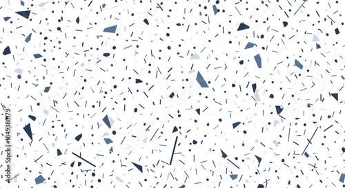 A minimalist and modern seamless terrazzo pattern with abstract blue chips and speckles scattered across a white background.