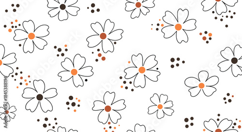 A sweet and simple seamless pattern of scattered hand-drawn outline flowers with colorful centers and floating accent dots.