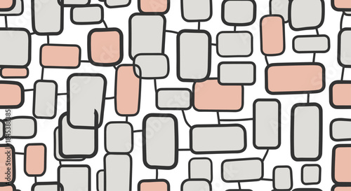 Abstract seamless pattern of interconnected rounded rectangles in soft pink and gray, creating a modern and stylish network.
