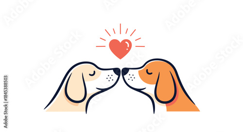 Adorable minimalist illustration shows two cute dogs touching noses underneath a glowing red heart, symbolizing love and friendship.