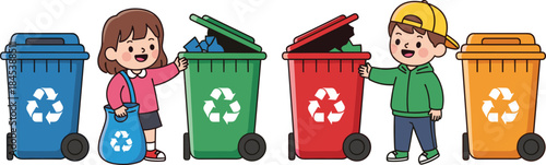 Cartoon children recycling with colorful bins, promoting environmental awareness, waste segregation, and eco-friendly habits in educational illustration