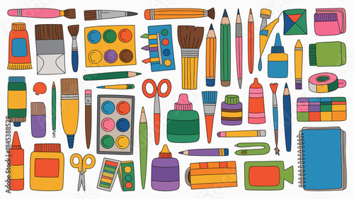Colorful illustration of various school and art supplies on white background