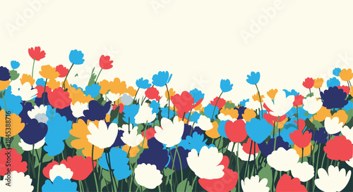 Vibrant and colorful flowerbed border features stylized abstract flowers in red, blue, and yellow, with ample copy space above.